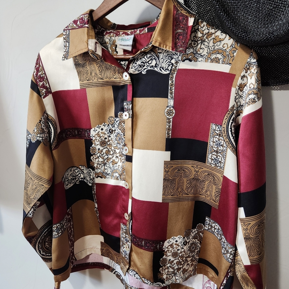 Haband Women's Patchwork Satin Button Up